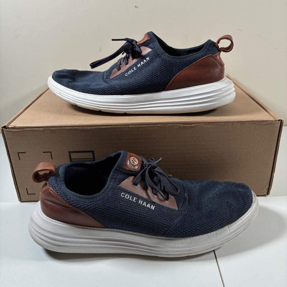 Cole Haan Sneakers 10‎ Navy Blue Brown Leather Trim Grand Knit Shoes